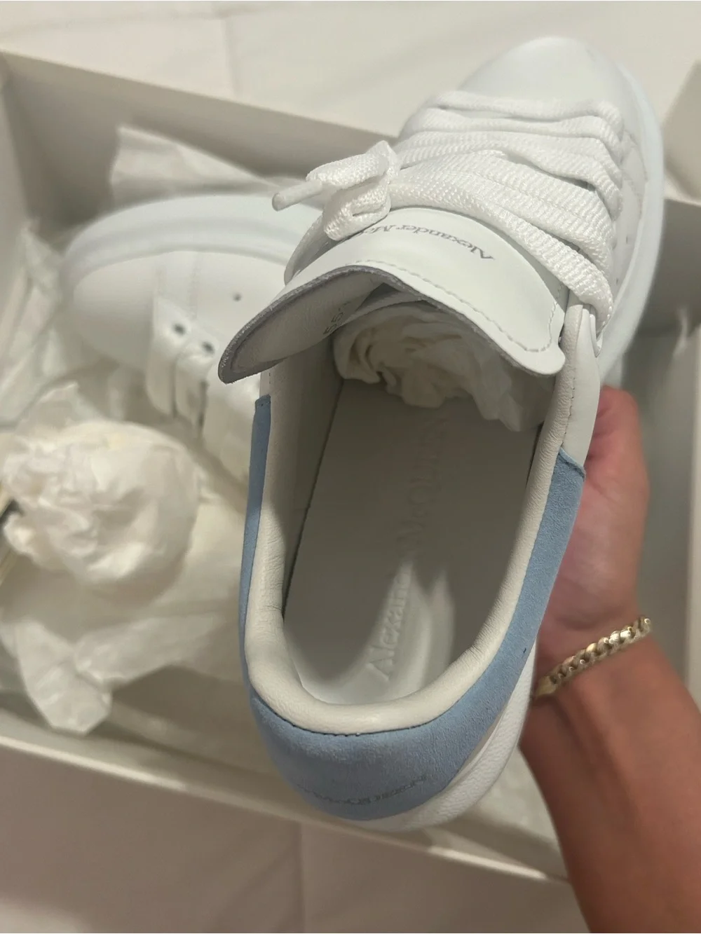 Alexander McQueen White Leather Sneakers with Light Blue Heel Tab